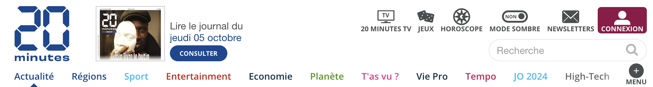 Vingt minutes. Lire le journal du 5. octobre. 20 minutes tv. Jeux. Horoscope. Mode sombre. Newsletters. Connexion. Actualité. Régions. Sport. Entertainement. Economi. Planète. T'as vu? Vie pro. Tempo. JO 2024. High-Tech. Menu